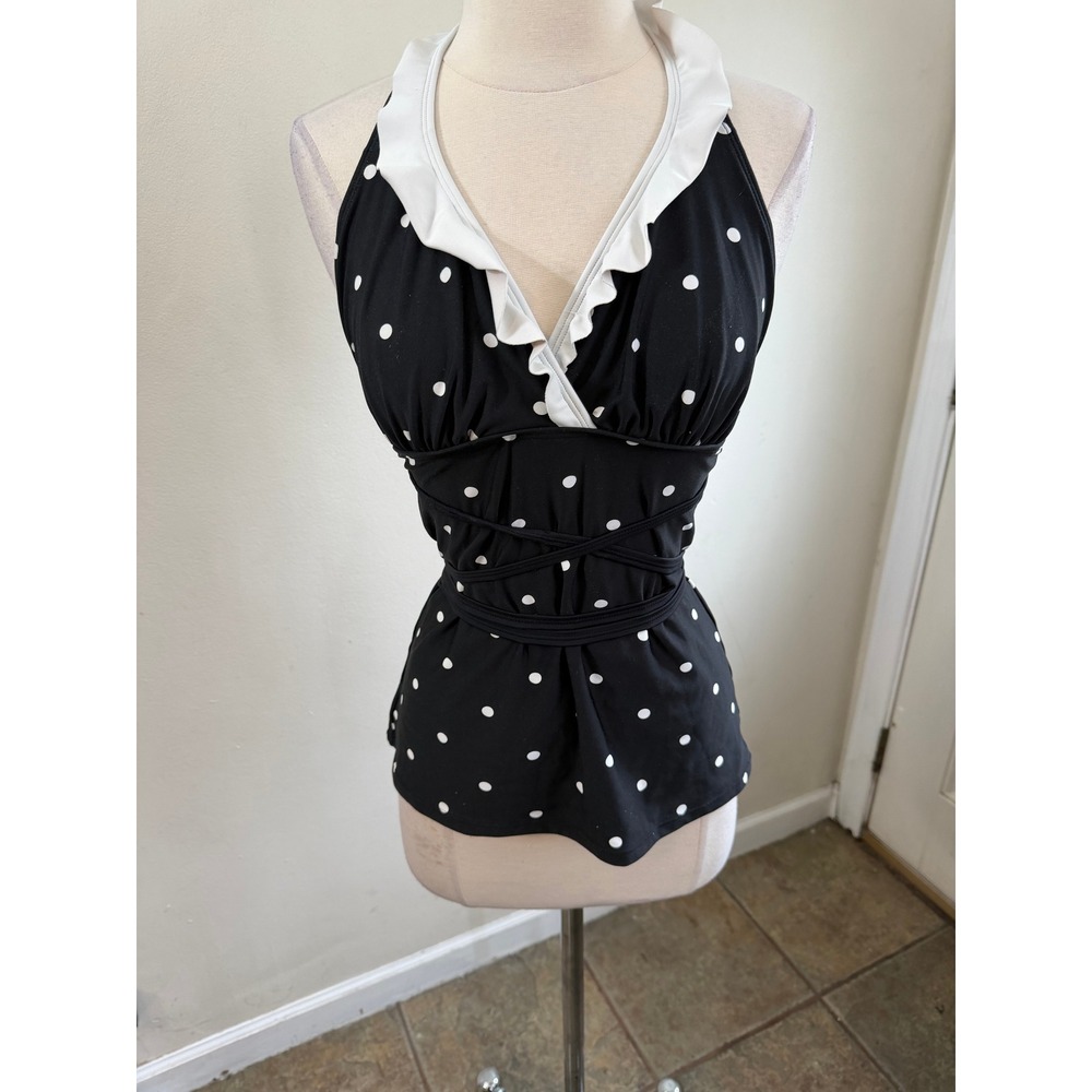 Modbe Swim Womens Black White Polka Dot Ruffle Halter Wrap Tankini Top Size M